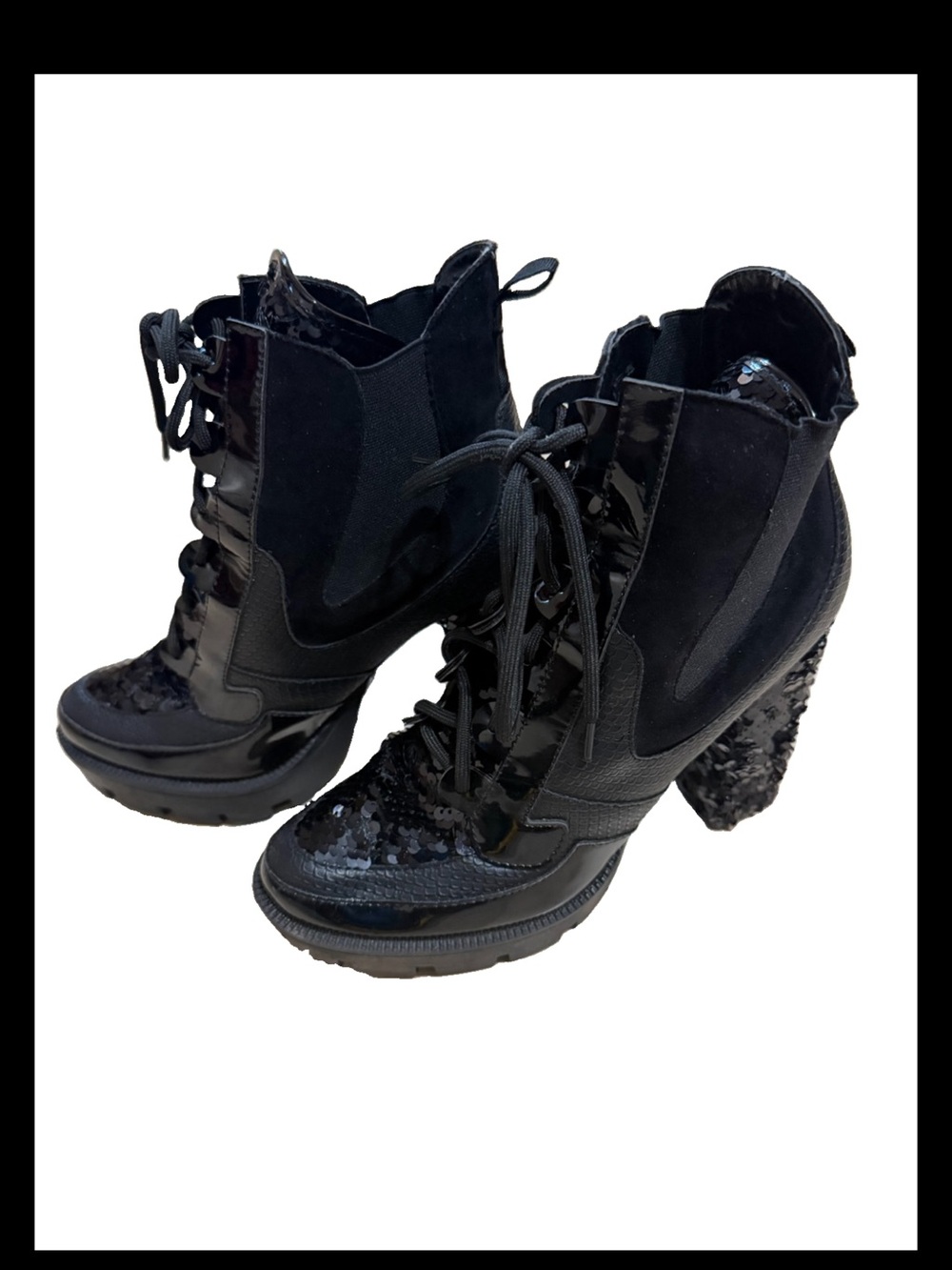 Black Sequin Lace-Up Platform Ankle Boots